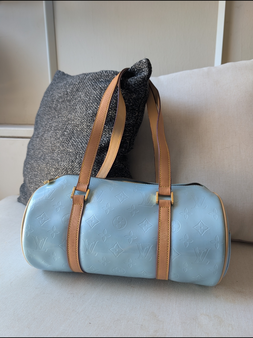 Blue Monogram Vernis Barrel Bag with Natural Leather Straps